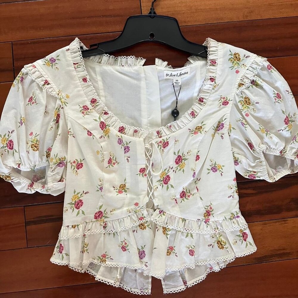 For Love & Lemons Womens White & Pink Puff Sleeve Floral Blouse Lace Up Crop-top